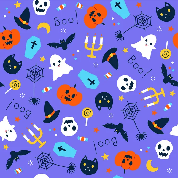 Χαριτωμένο Happy Halloween Καρτούν Απρόσκοπτη Μοτίβο Διάνυσμα Βιολετί Φόντο Φάντασμα — Διανυσματικό Αρχείο