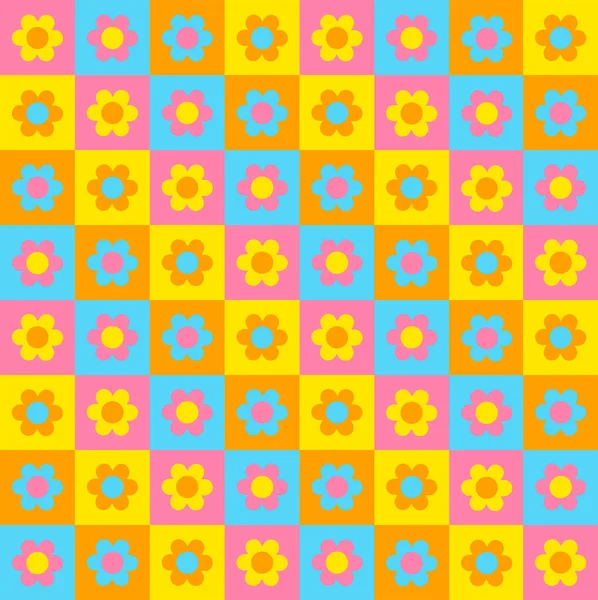 Pastell Blå Rosa Gul Orange Färg Daisy Blomma Kontrollera Checkered — Stock vektor