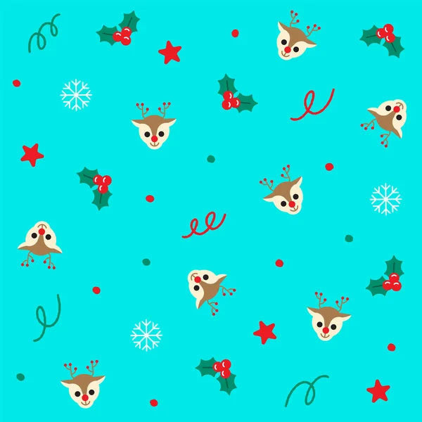 Joyeux Noël Mignon Rudolph Reindeer Snowflake Holly Mistletoe Star Confetti — Image vectorielle