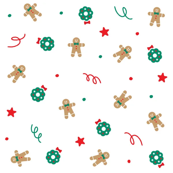 Niedliche Frohe Weihnachten Kranz Lebkuchen Mann Star Confetti Element Ditsy — Stockvektor