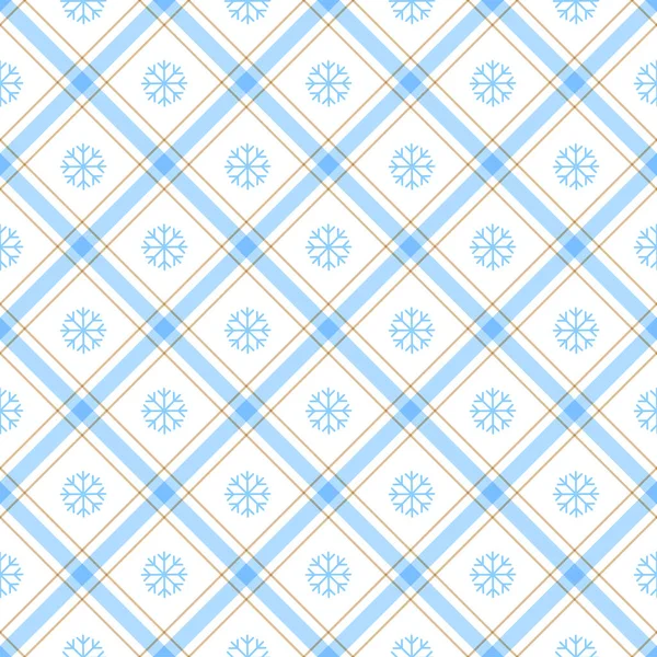 かわいいメリークリスマス冬雪の雪のフレーク青霜の霜のライン図ストライプライン傾きチェックされた再生タータンバッファロースコット ギンガム背景クリスマスフェスティバルのためのシームレスなパターン — ストックベクタ