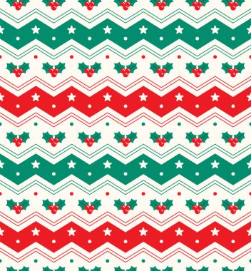 Cute Merry Christmas Tree Red Green Holly Snowflake Horizontal Zig Zag Line Chevron Stripe Striped Checkered Plaid Tartan Buffalo Scott Gingham Background Seamless Pattern for Christmas Party clipart