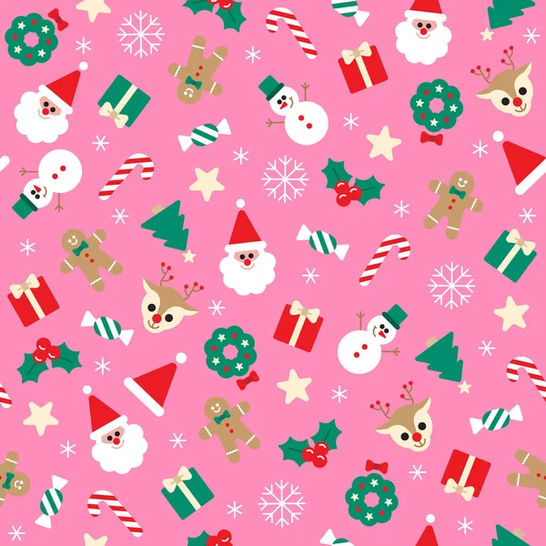 可爱的圣诞礼品盒雪片姜饼人圣诞帽礼品店圣诞帽礼品店丁字裤消色孟菲斯抽象粉色无缝线图案背景圣诞晚会 矢量图形