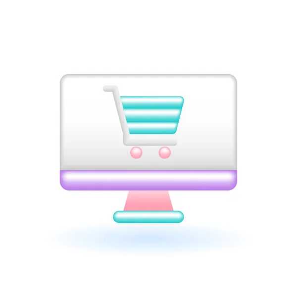 3D电脑网上商店Trolley Carart Icon 营销网上购物的概念 光滑的玻璃幕布色 写实漫画简约风格 3D渲染向量Icon Ui隔离示例 — 图库矢量图片