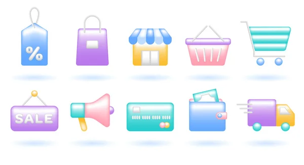 Icon Set Online Shopping Concept Tag Bag Shop Cart Trolley — 스톡 벡터