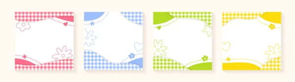 Set Cute Frame Pastel Plaid Gingham Check Checkered Heart Flower — Stock Vector