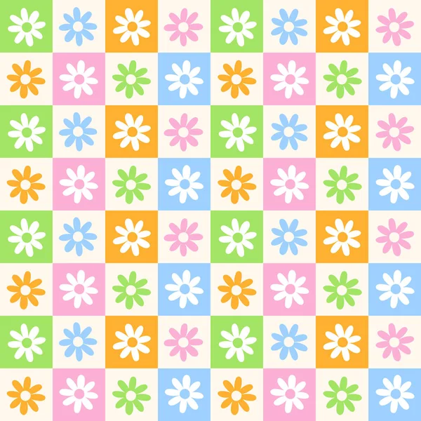 Cute Doodle Pink Orange Blue Green Flower Floral Check Checkered — Stock Vector