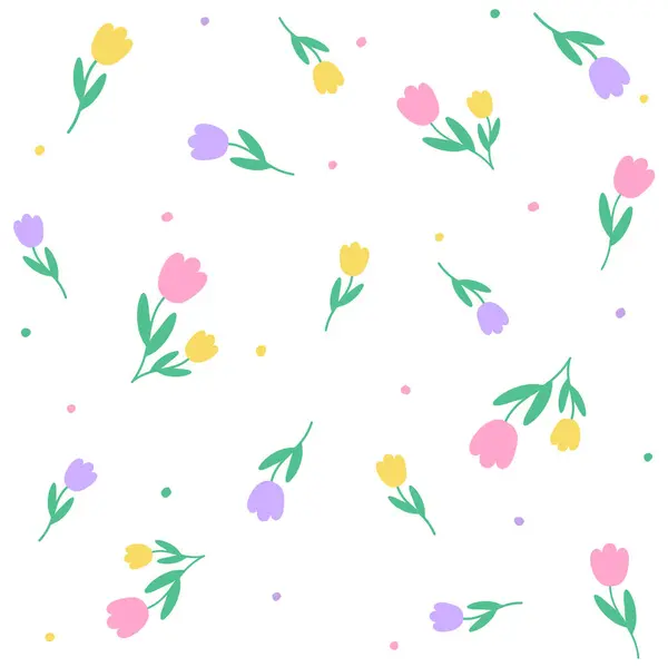 Cute Doodle Pink Purple Yellow Tulip Flower Element Leaves Floral — Διανυσματικό Αρχείο