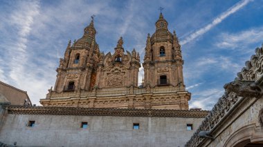Salamanca, İspanya 'daki Casa de las Conchas avlusundan Torres de la Clerecia. Yüksek kalite fotoğraf