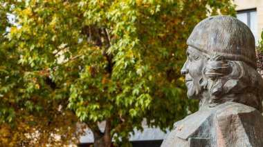 Salamanca, İspanya, 15 Kasım 2023. Yazar Carmen Martin Gaite 'in Salamanca şehrindeki heykeli. Yüksek kalite fotoğraf