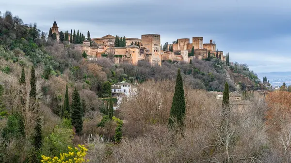 Granada, İspanya, 11 Şubat 2024. Sacromonte Mahallesi 'nden Granada' daki Alhambra manzarası. Yüksek kalite fotoğraf