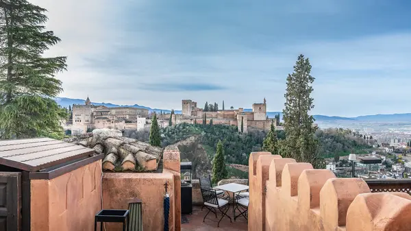 stock image Granada, Spain, February 14, 2024. The Alhambra from the Mirador de San Nicolas, in Granada. High quality photo