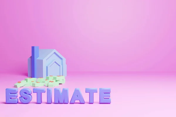 ピンクの背景とドル札 単語の見積もり 家の建物 住宅予算 3Dレンダリング — ストック写真