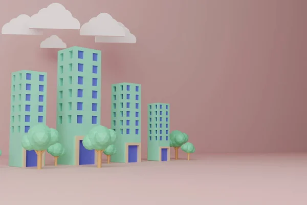 3D render city buildings, trees and city streets in pastel green and orange colors, copy space.