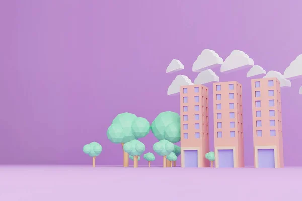 stock image Urban residence, building, large building, city office, building cartoon on purple background, 3D render