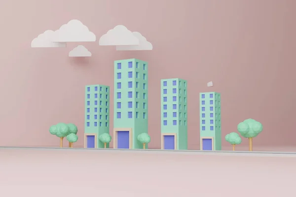 Rendering Stadtgebäude Bäume Und Straßen Pastellgrünen Und Orangen Farben Kopierraum — Stockfoto