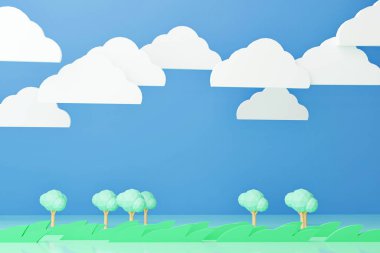 Nature, trees, meadows and clouds in the sky, 3D render, pastel color, cartoon style, black drop, background