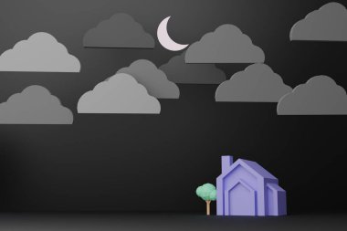 Night sky, clouds, moon and houses, 3D render.