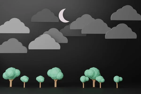 Night sky, clouds, moon and trees and forests, 3D rendering.