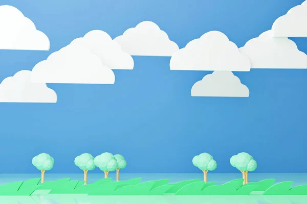 Nature Trees Meadows Clouds Sky Render Pastel Color Cartoon Style — Zdjęcie stockowe