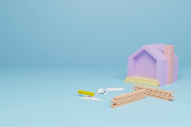 Purple model house under construction, construction equipment, brick wall, water pipe, plaster, blue pastel background. 3d model. Cute cartoon. 3d illustration with soft light.