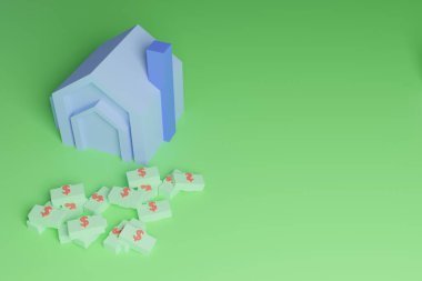 Blue house model and construction budget placed on green background, green backdrop, 3d illustration, modern color, minimalist design.