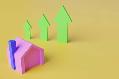 House with arrows up on a yellow background. 3D rendering.