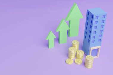 3d render of coins stack with building and arrow up on purple background