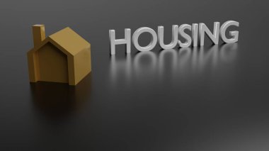 House icon in front of a black background with the word HOUSING, housing, real estate