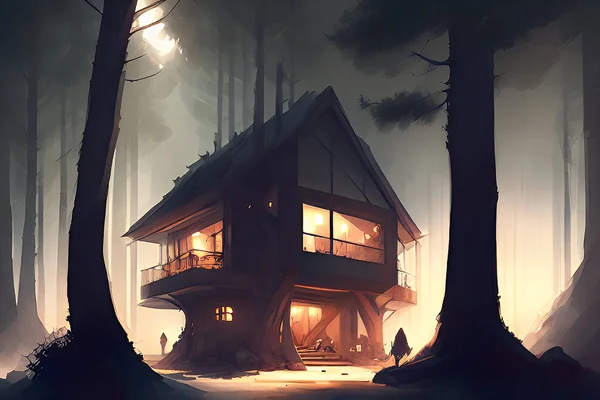 Haunted house in the forest. Halloween concept. 3D Rendering, Building watercolor, Night building, Glass building, House in the forest.