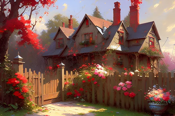 Beautiful wooden house with flowers in the garden. Digital painting.