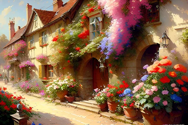 Wooden house with flowers in the garden. Digital painting effect.