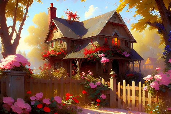 Wooden house with flowers in the garden. Digital painting effect.