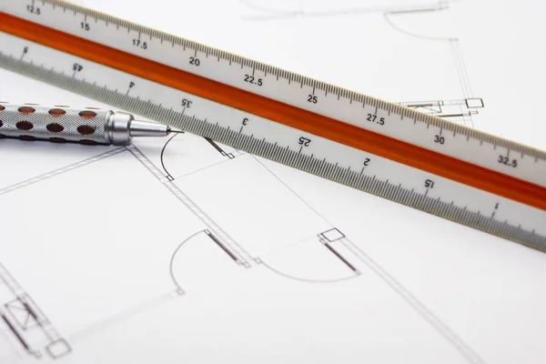 Pencils and ruler on a construction plan, close-up, architect, architecture,drawing architect.