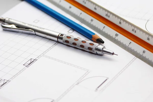Bleistift Und Lineal Auf Einem Bauplan Nahaufnahme Architekt Architektur Zeichenarchitekt — Stockfoto