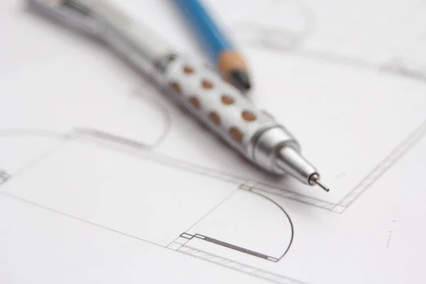 Pencils Ruler Construction Plan Close Architect Architecture Drawing Architect — Stockfoto