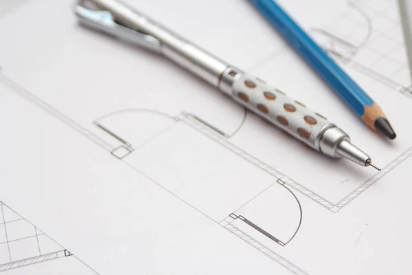 Bleistift Und Lineal Auf Einem Bauplan Nahaufnahme Architekt Architektur Zeichenarchitekt — Stockfoto