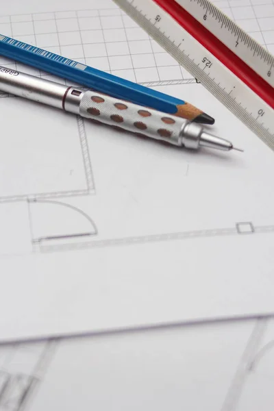 Pencils Ruler Construction Plan Close Architect Architecture Drawing Architect — Stockfoto