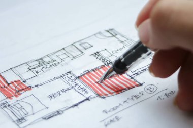 Tasarımlarla çalışan mimar, el ve kalem yakın plan