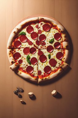 Mozzarella, salam ve fesleğen ile ahşap bir tahta üzerinde pizza.