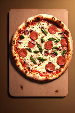 Salamlı pizza, ahşap tahtada mozzarella ve fesleğen