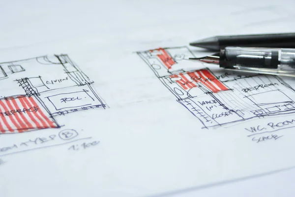 Architectonische Plannen Met Pen Blauwdrukken Architectuurproject — Stockfoto