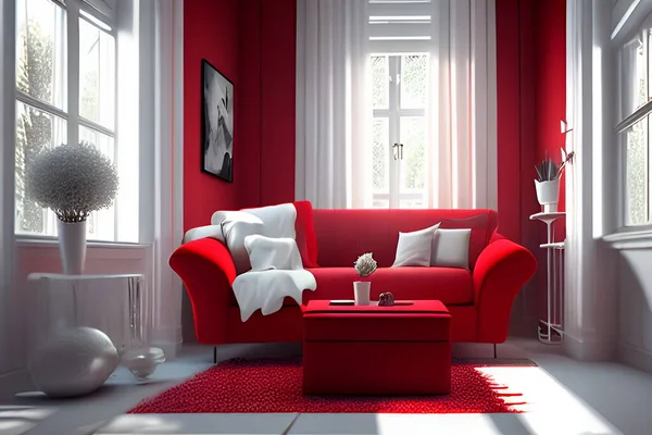 Red living room with a red sofa and a red table. 3d render