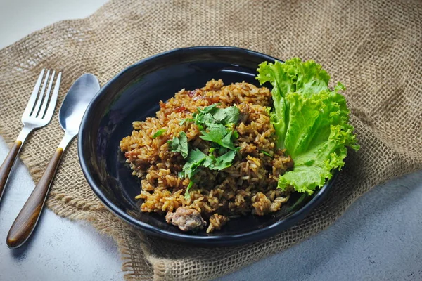 Fried Rice Black Plate Train Fried Rice Chinese Style Fried — Stock Photo, Image