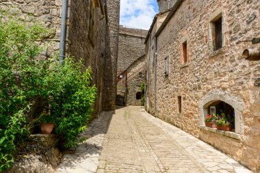 Bu manzara fotoğrafı Avrupa 'da, Fransa' da, Occitania 'da, Aveyron' da, La Couvertoirade 'da, yazın çekildi. Ortaçağ köyünün sokaklarını görüyoruz, güneşin altında..