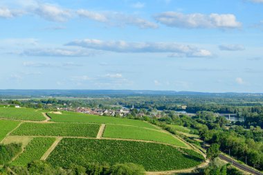 Bu manzara fotoğrafı Avrupa 'da, Fransa' da, Burgundy 'de, Nievre' de, Pouilly sur Loire 'da, Nevers' e doğru yazın çekildi. Şarap yetiştiren kırsalda, güneşin altında eski köyü görüyoruz..