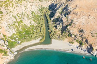 Bu manzara fotoğrafı Avrupa 'da, Yunanistan' da, Girit 'te, Preveli' de, Akdeniz kıyısında, yazın çekildi. Dağın eteğinde kumlu bir sahil görüyoruz. Güneşin altında, yeşil bir palmiye koruluğunun yanında..