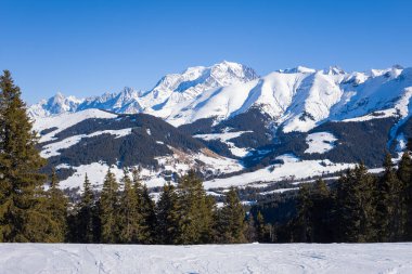 Bu manzara fotoğrafı Avrupa 'da, Fransa' da, Rhone Alpes 'te, Savoie' de, Alpler 'de, kışın çekildi. Mont Blanc kalabalığını ve çam ormanlarını görebilirsiniz, güneşin altında..