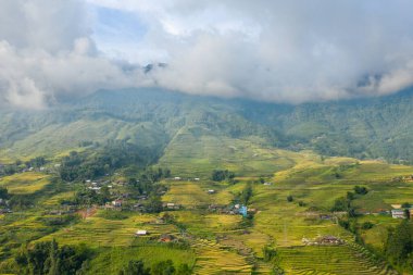 Bu manzara fotoğrafı Asya 'da, Vietnam' da, Tonkin 'de, Sapa' da Lao Cai 'de, yazın çekildi. Yeşil ve sarı pirinç tarlalarıyla geleneksel köyü görüyoruz. Yeşil dağlarda, bulutların altında..