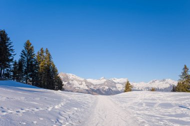 Bu manzara fotoğrafı Avrupa 'da, Fransa' da, Rhone Alpes 'te, Savoie' de, Alpler 'de, kışın çekildi. Mont Blanc 'ta güneşin altında bir patika görüyoruz..